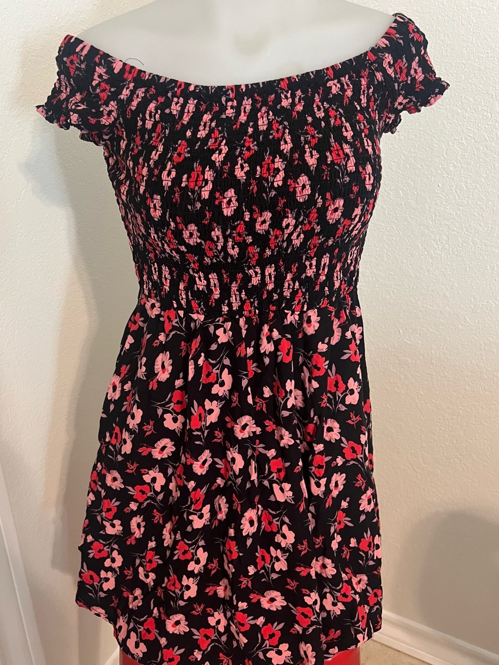 Express Black Off-Shoulder Dress with Pink and Red Floral Print